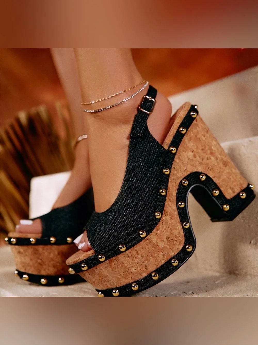 Lady Godiva Black Denim Cork Platform Wedge Sandals with Gold Studs